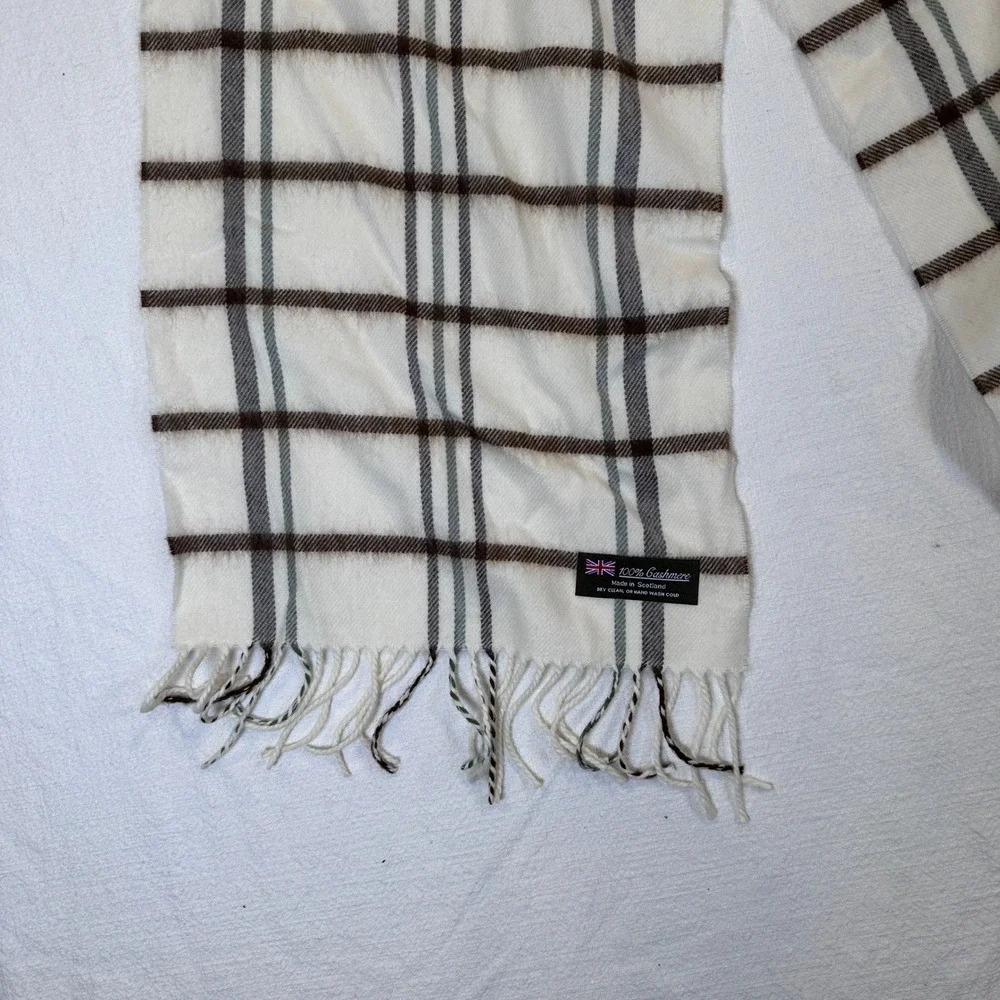 100% Cashmere Scarf Made in Scotland Plaid Cream Brown Grey Fringe Unisex